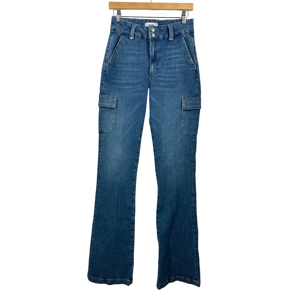 PAIGE Dion high rise Cargo Flare jeans sz 27 Blue Utility Stretch retro boho